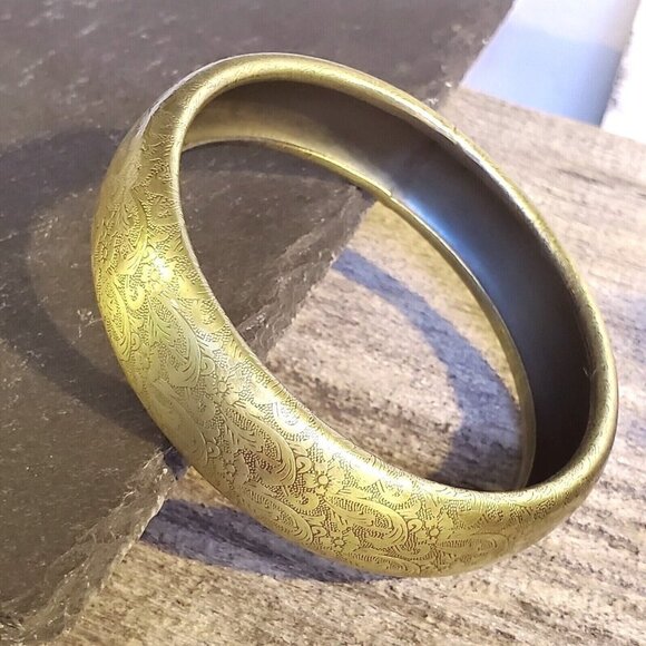 Vintage Y2K 90s Grunge Steampunk Bronze Carved Flowers Metal Bangle Bracelet - Picture 1 of 9